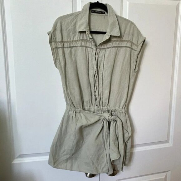Zara Sage Green Linen Tie Front Romper Lace Khaki Womens L Neutral - Picture 2 of 9